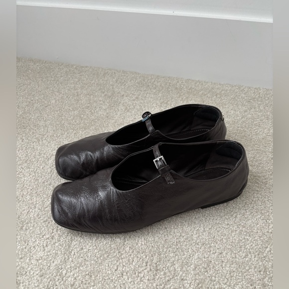 Massimo Dutti Shoes - Massimo Dutti Dark Brown Leather Mary Jane Flats Square Toe Minimalist Shoe